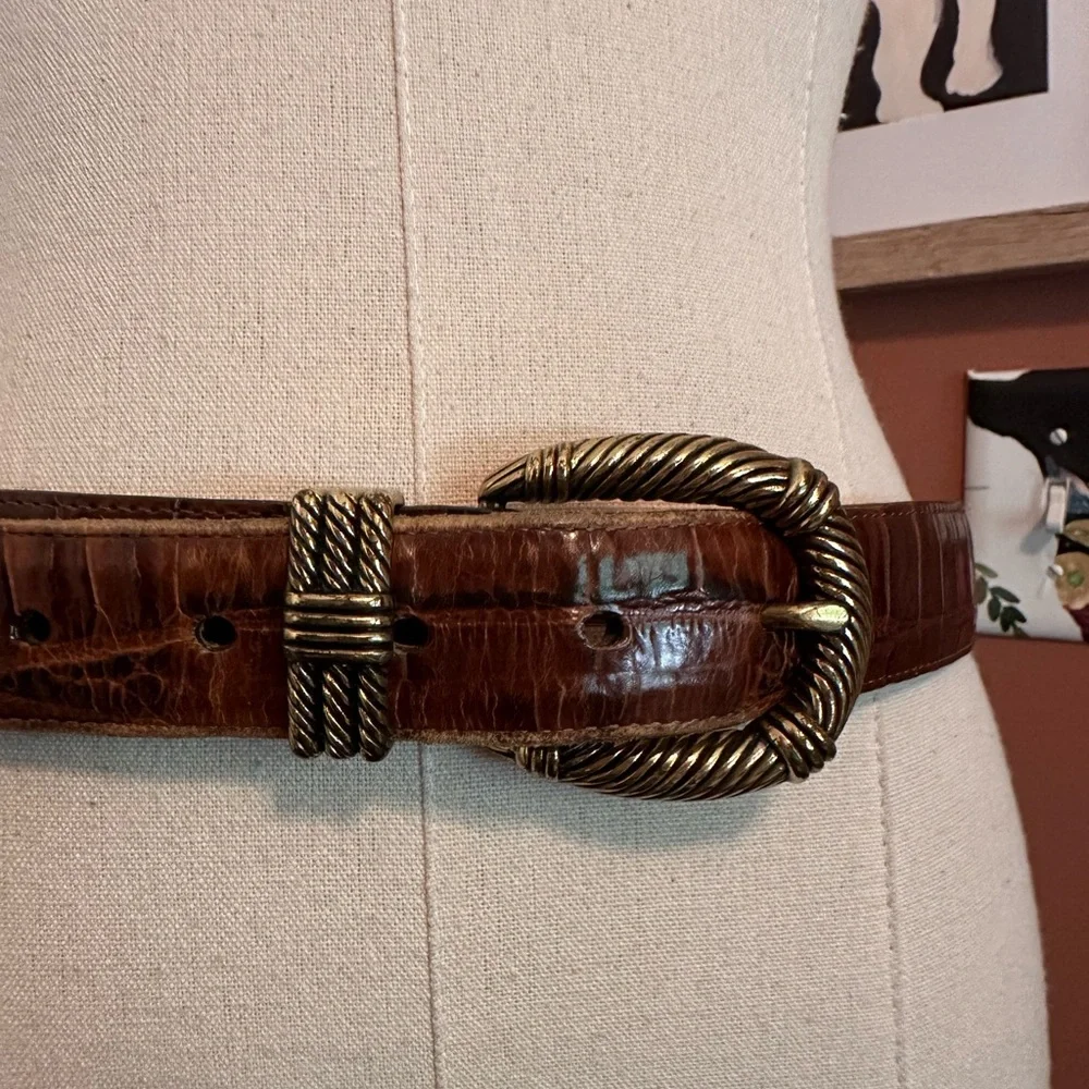 Brighton 1994 women’s brown reptile gold brush buckle leather L belt